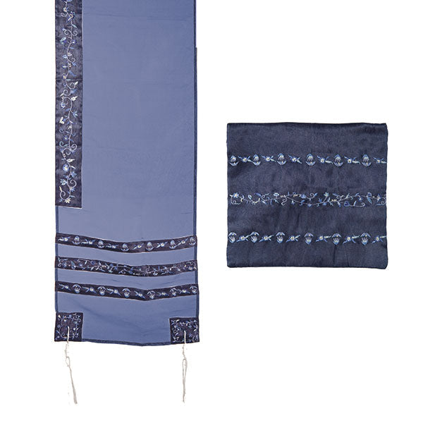 Embroidered Tallit and Bag Set, Floral Stripes