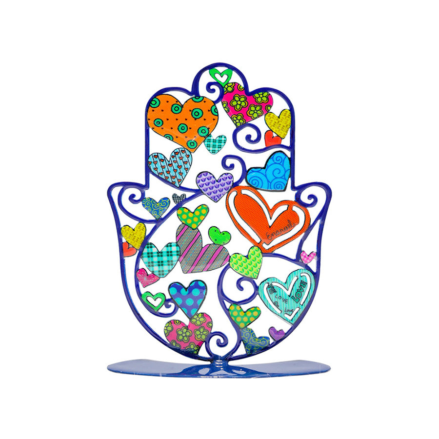 Hand Painted Metal Hamsa Stand, Hearts