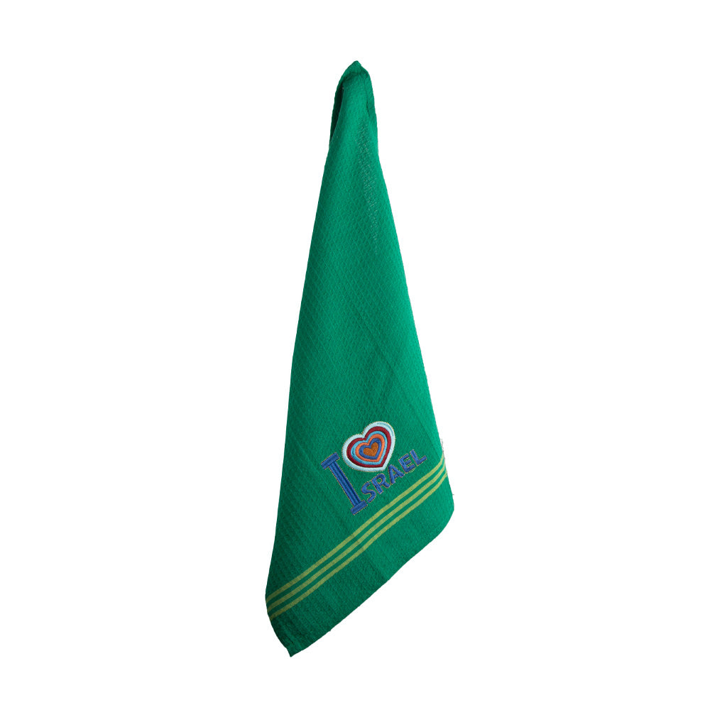 Embroidered Cotton Dish Towel, I Love Israel, Green