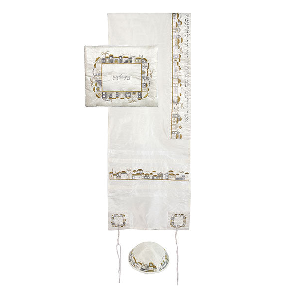 Embroidered Tallit Set, Jerusalem Silver and Gold