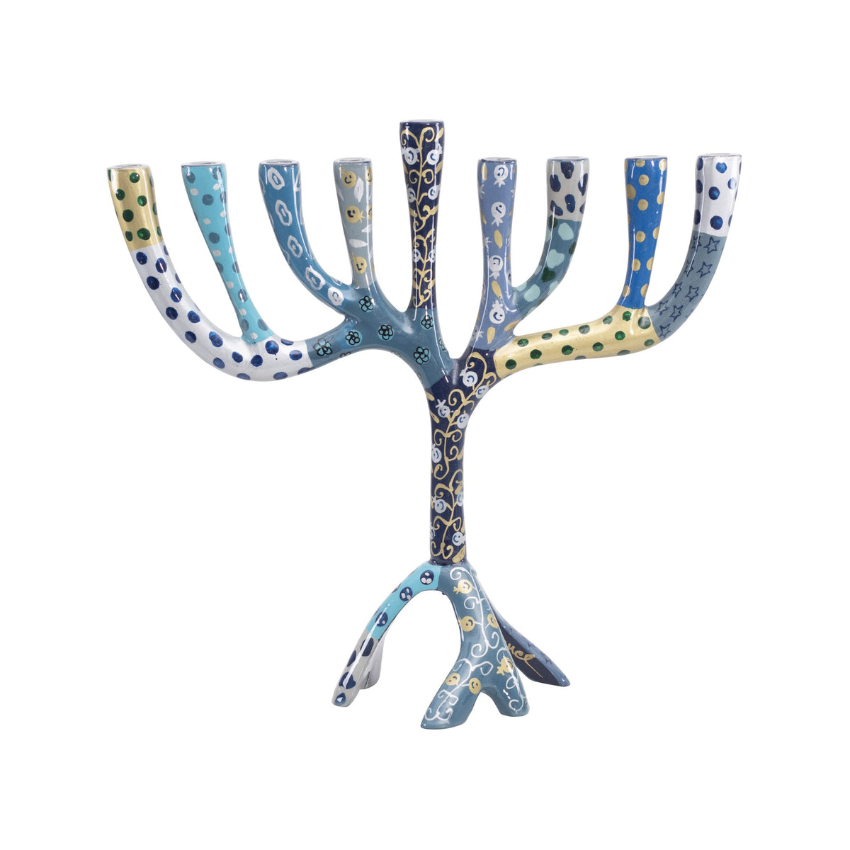 Hand Painted Aluminum Menorah, Blue Mosaic