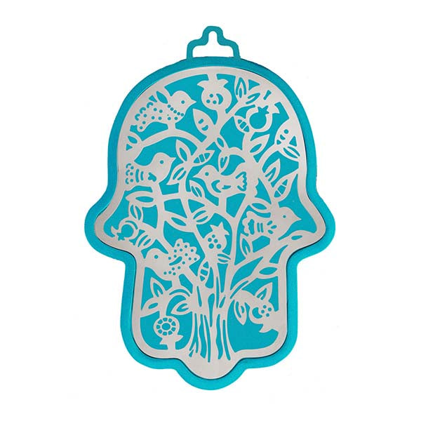 Large Metal Cutout Hamsa, Turquoise and Silver Tree of Life