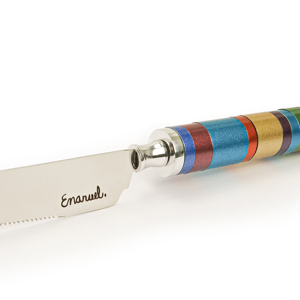 Challah Knife with Anodized Handle, Multicolor Rings