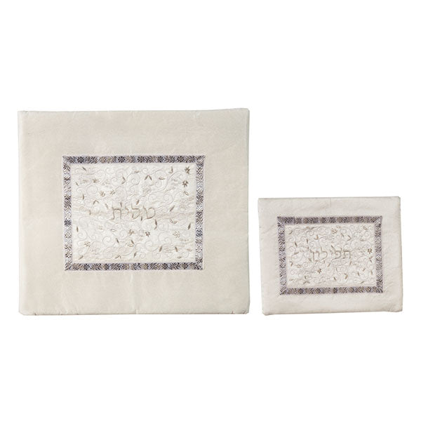 Embroidered Silk Tefillin Bag, White/Silver