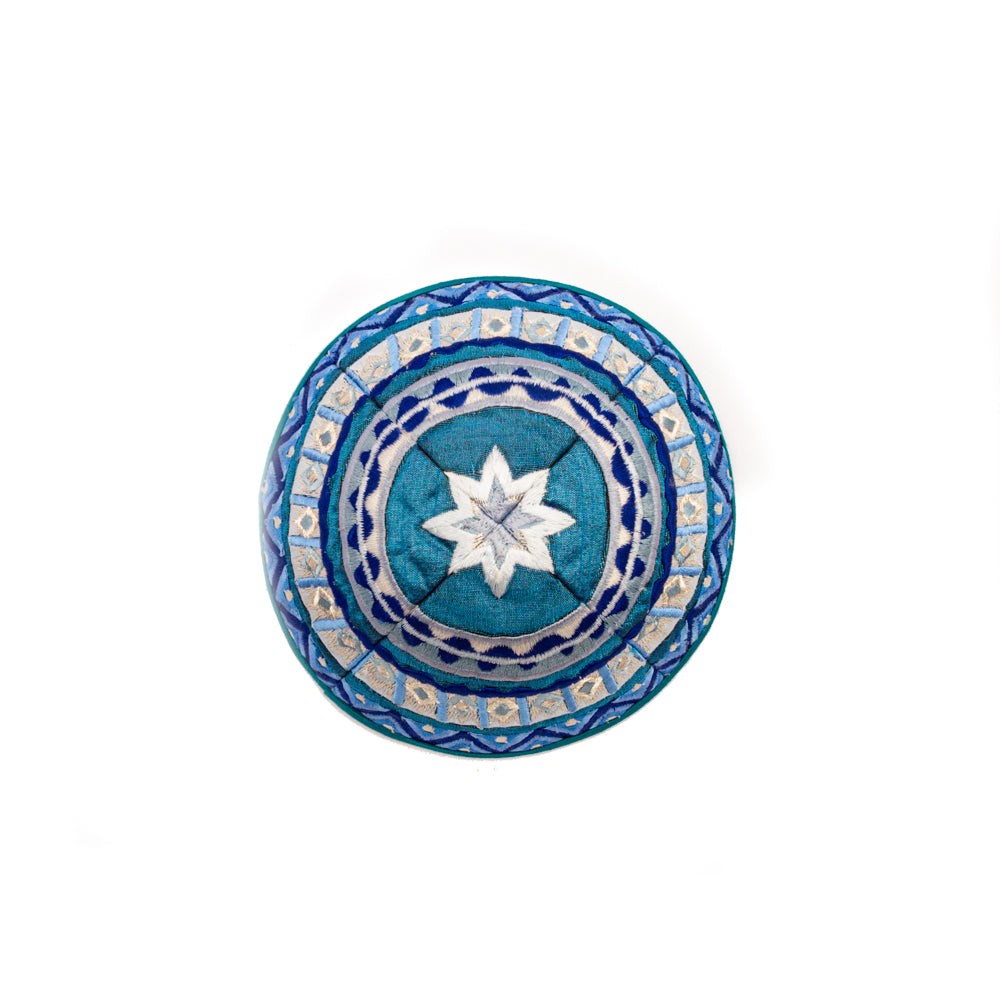 Embroidered Kippah - Mosaic Motifs Blue