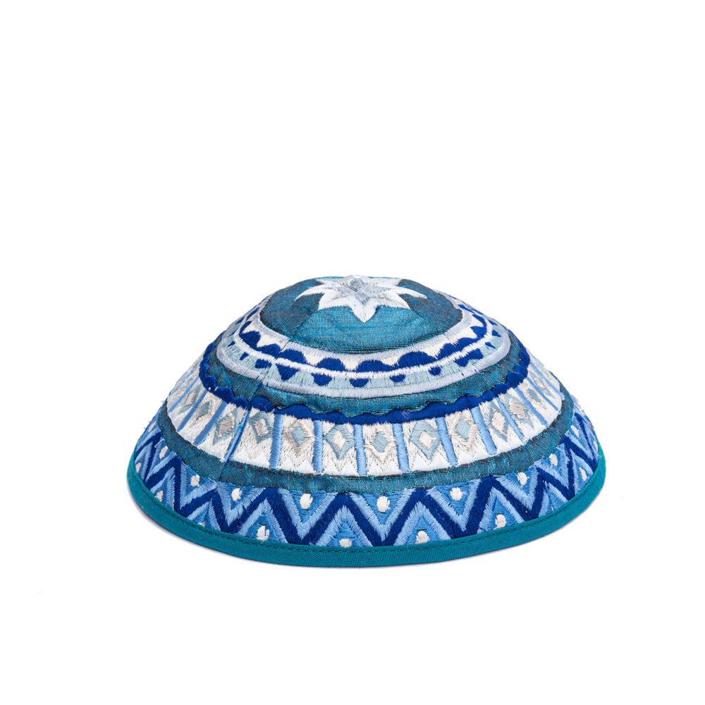 Embroidered Kippah - Mosaic Motifs Blue