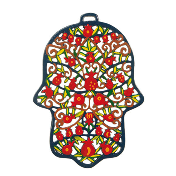 Hand Painted Metal Hamsa, Pomegranate, 9.5"