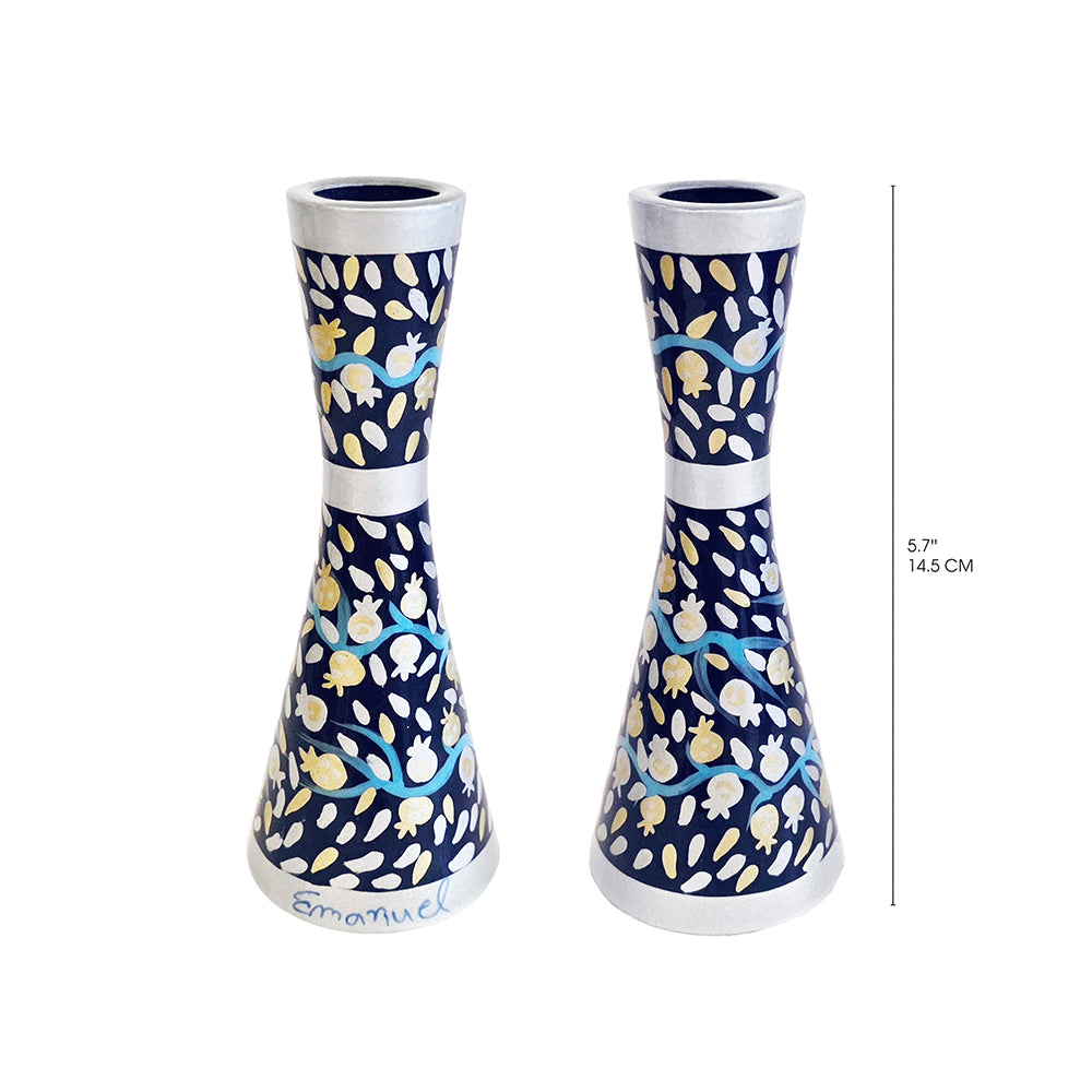 Hand Painted Metal Shabbat Candlesticks, Pomegranate