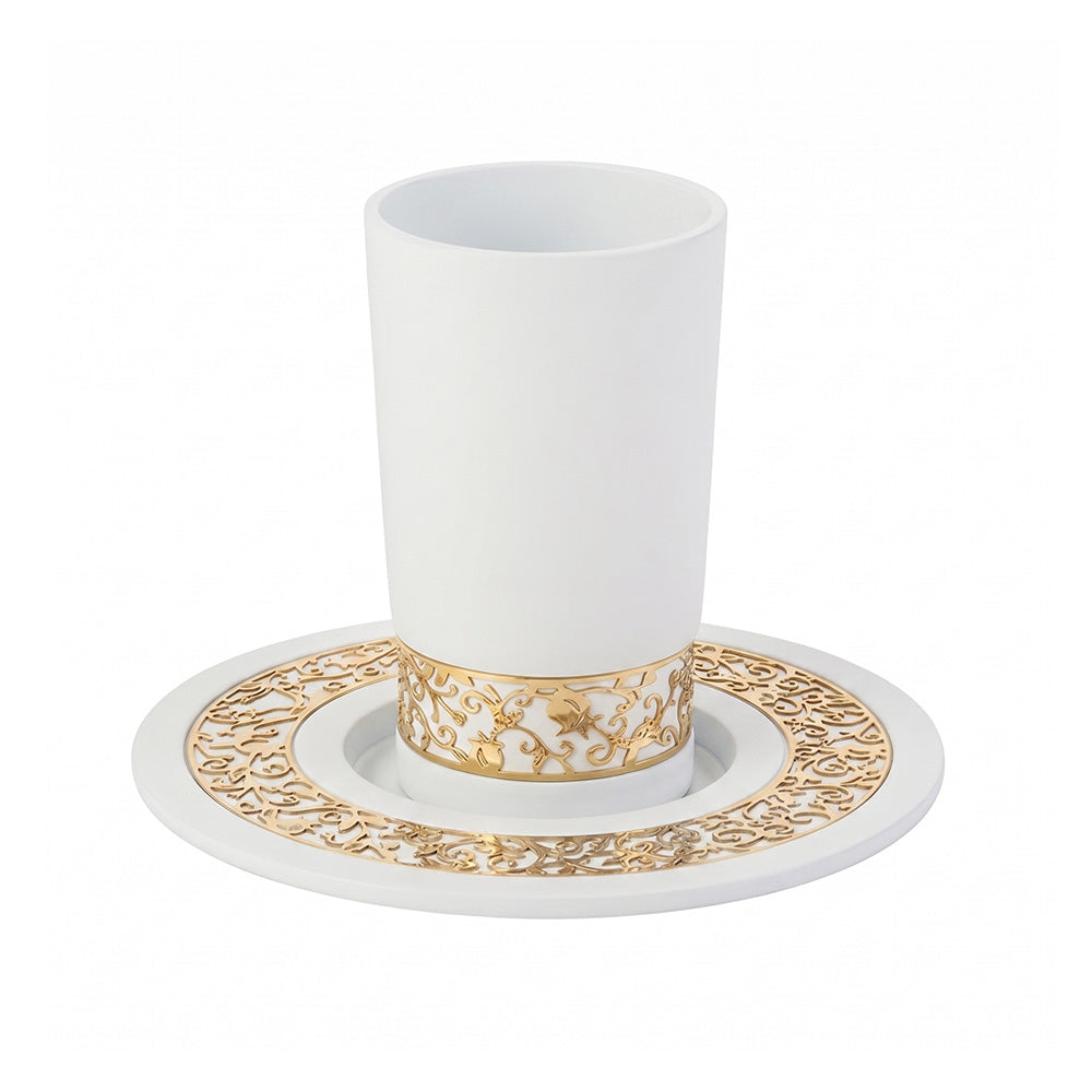 Metal Kiddush Cup and Plate, Pomegranate Cutout