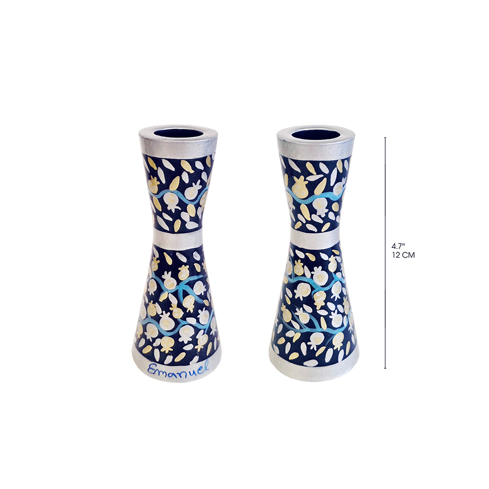 Hand Painted Metal Shabbat Candlesticks, Pomegranate