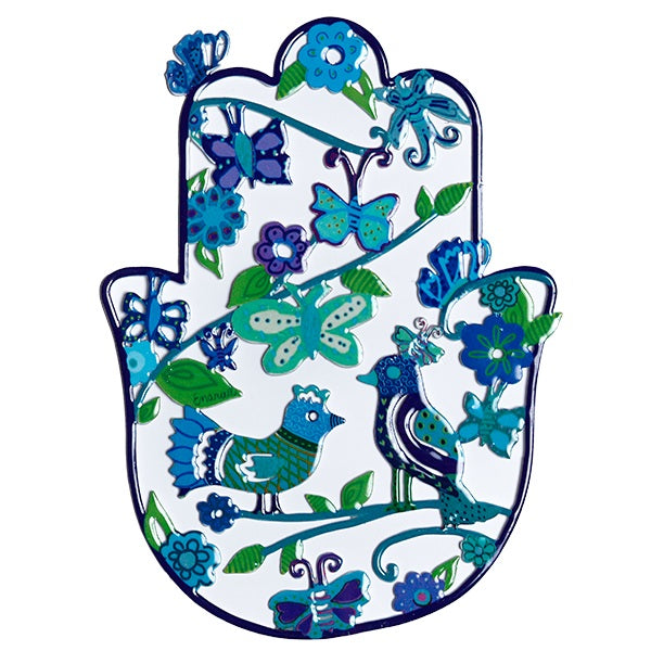 Enamel Lacquer Metal Hamsa, Birds and Blue Florals