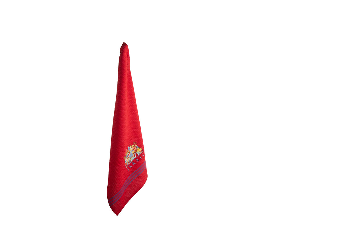 Embroidered Cotton Dish Towel, Jerusalem Houses, Red