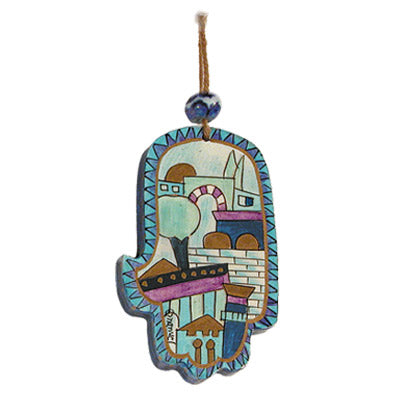 Hand Painted Wood Hamsa, Blue Jerusalem, 3.5"