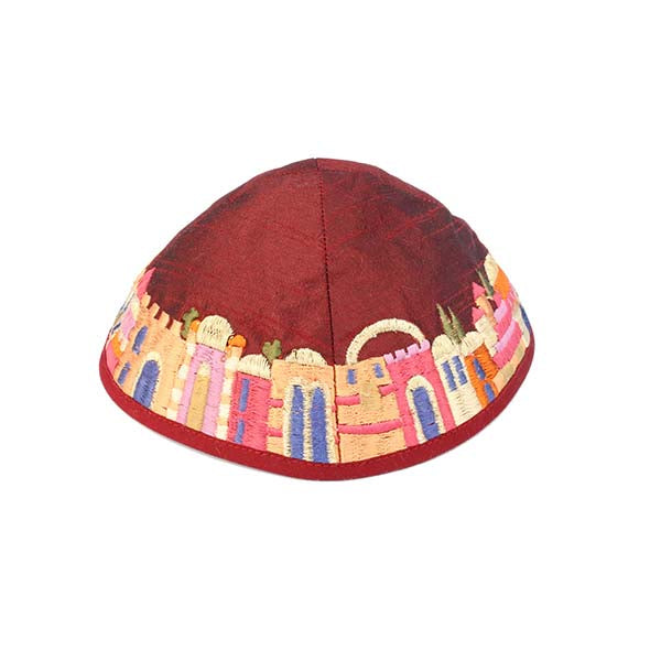Jerusalem Embroidered Kippah, Maroon