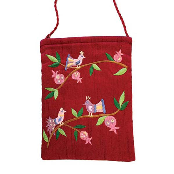 Embroidered Passport Bag, Birds, Maroon