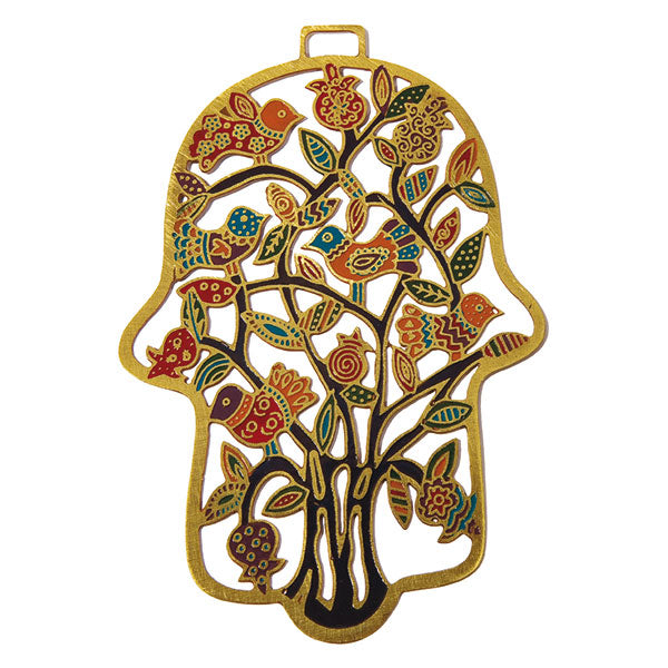 Hand Painted Metal Hamsa Wall Decor, Tree of Life and Birds