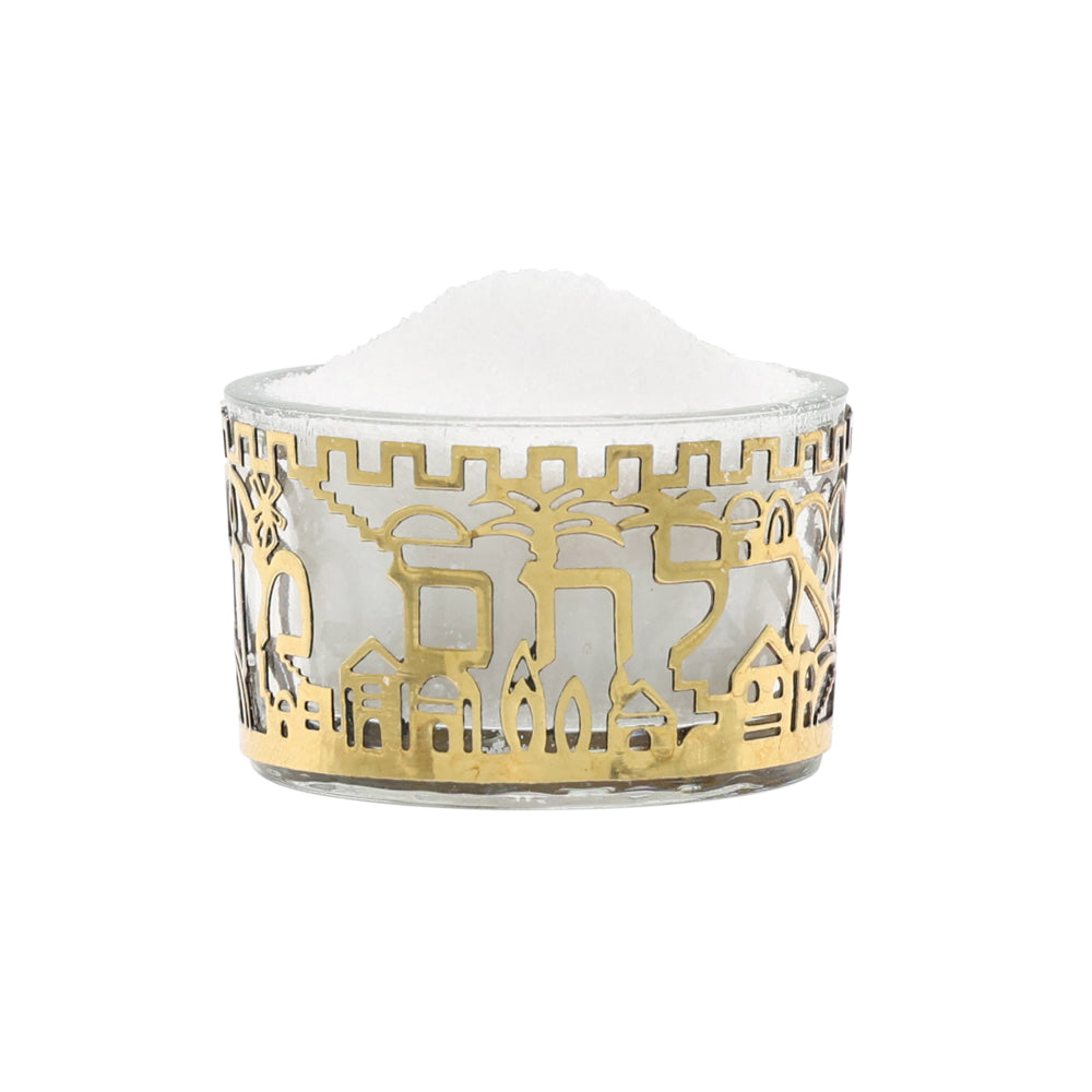 Glass Salt Dish, Jerusalem Brass Cutout