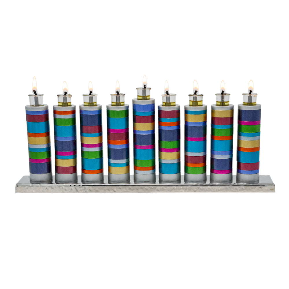 Anodized Aluminum Pillar Menorah, Multicolor Rings, 5"