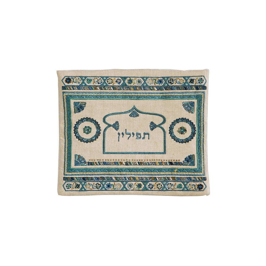 Embroidered Silk Tefillin Bag, Blue