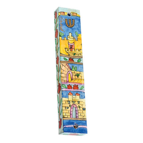 Hand Painted Wood Mezuzah Case, Jerusalem
