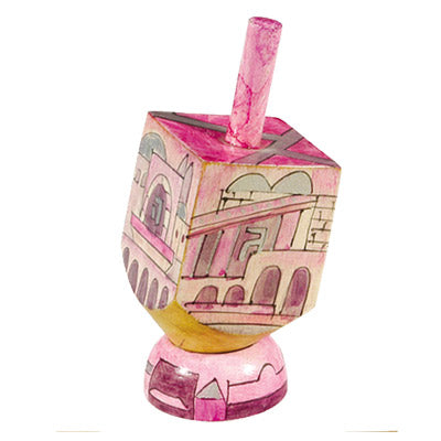 Hand Painted Wood Dreidel with Stand, Jerusalem Pink Shin