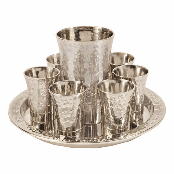 Hammered Metal Kiddush Set, Large Cup with Six Cups and Tray