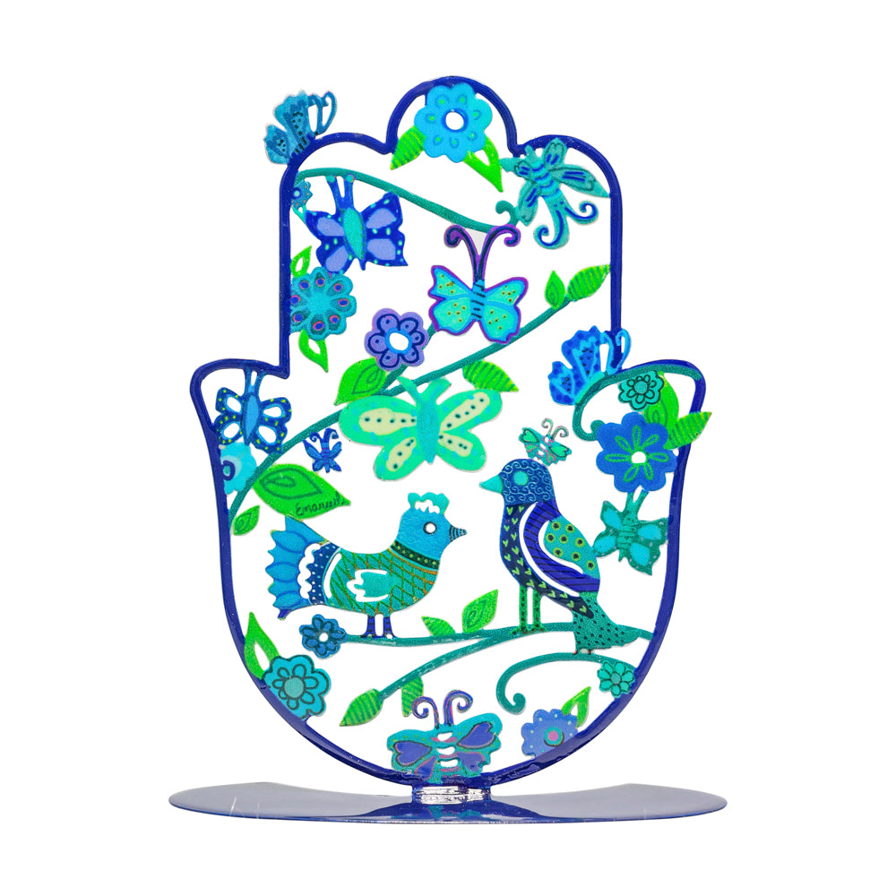 Cutout Metal Hamsa Stand, Birds and Flowers