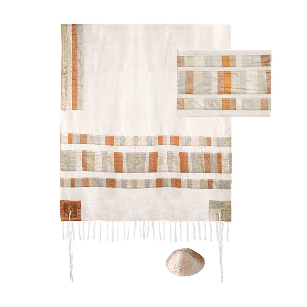 Appliqued Raw Silk Tallit Set, Gold Stripes