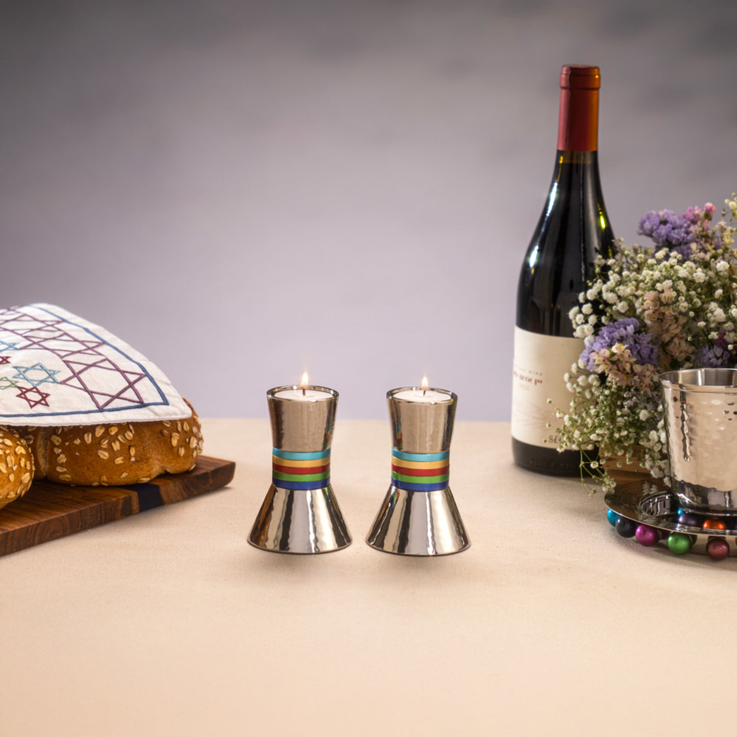 Hammered Metal Shabbat Candlestick Holders - Aluminum Rings