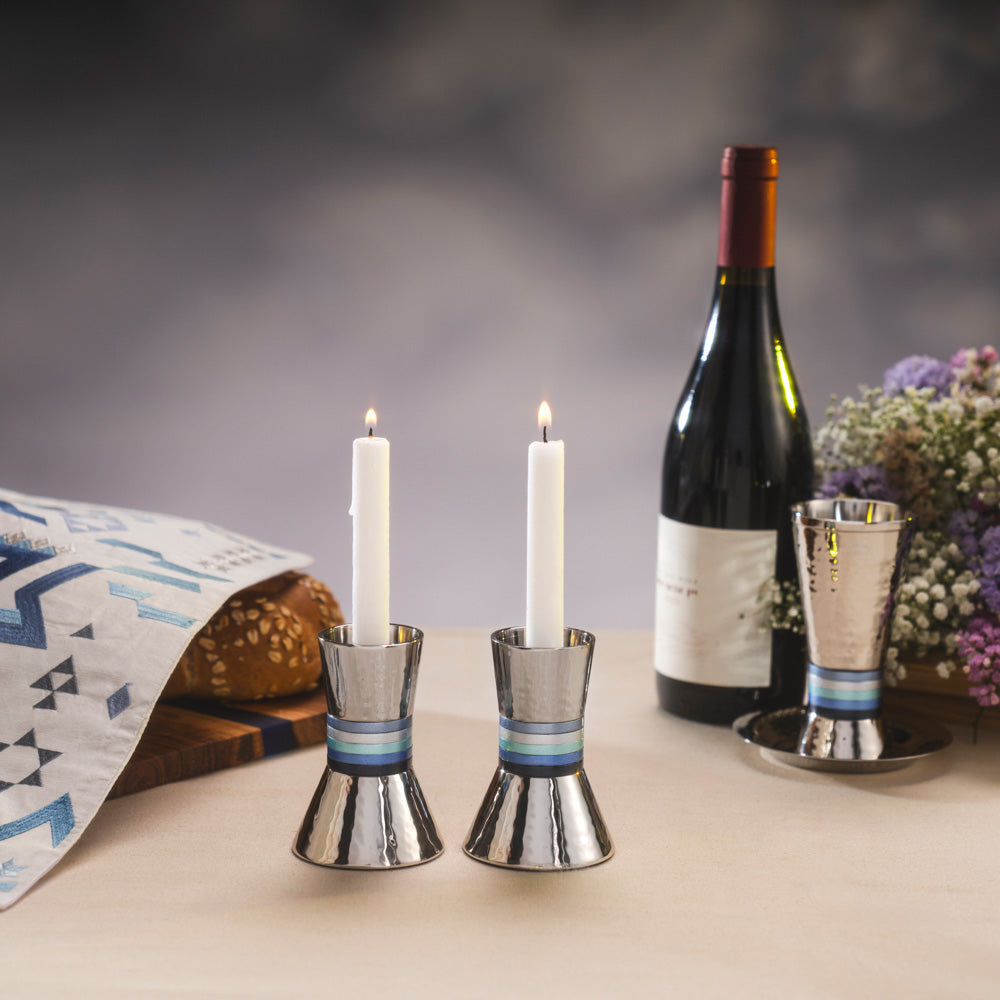 Hammered Shabbat Candlestick Holders - Blue Aluminum Rings