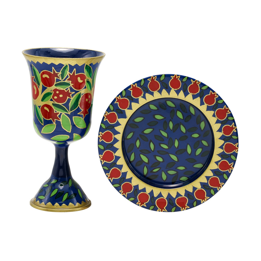 Hand-Painted Metal Kiddush Cup Set - Pomegranates Tree