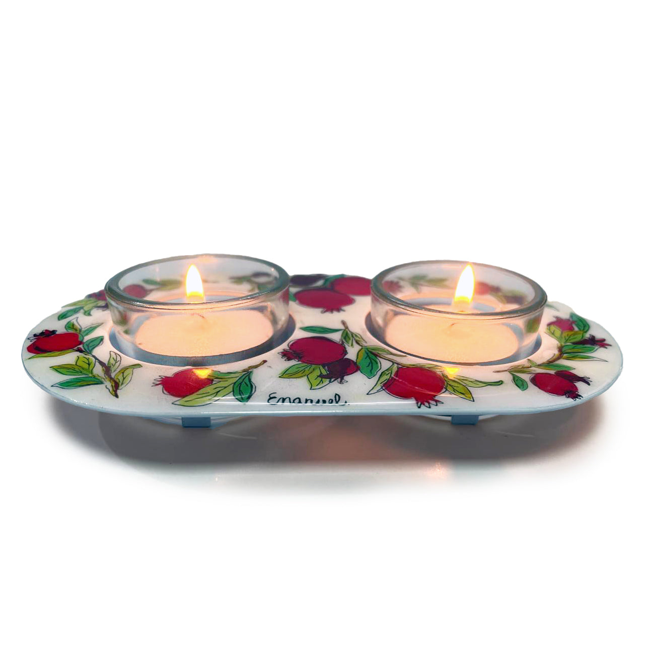 Shabbat Tea Light Candle Holders - Decorative Pomegranates Plate