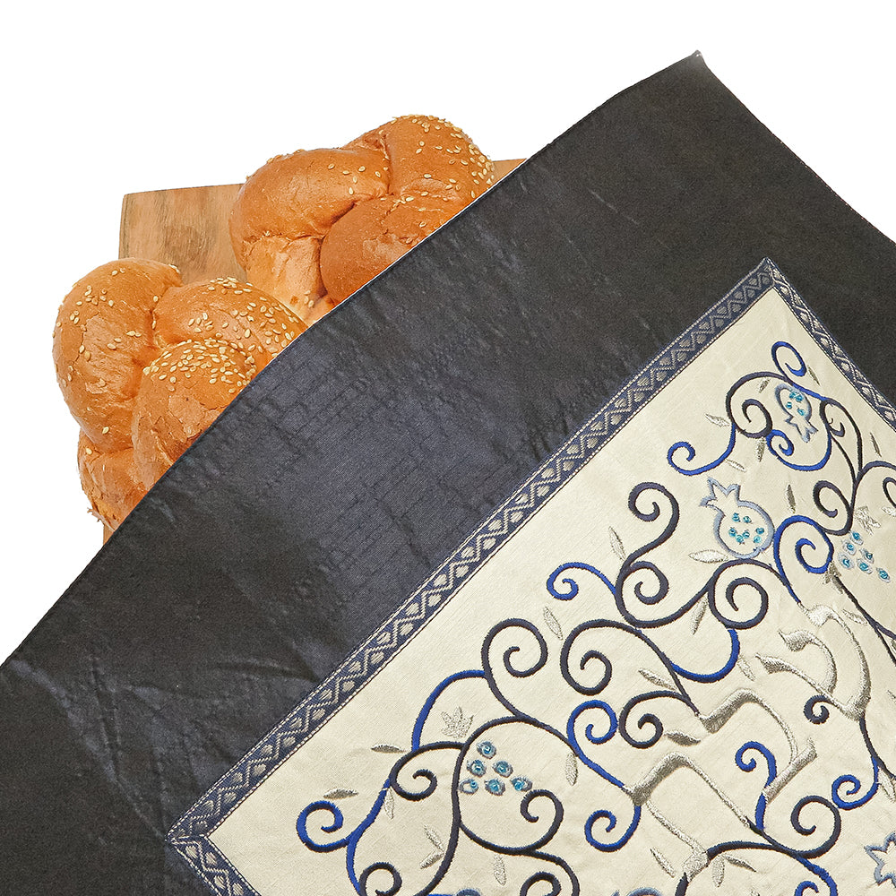 Embroidered Challah Cover - Pomegranates on Navy Blue