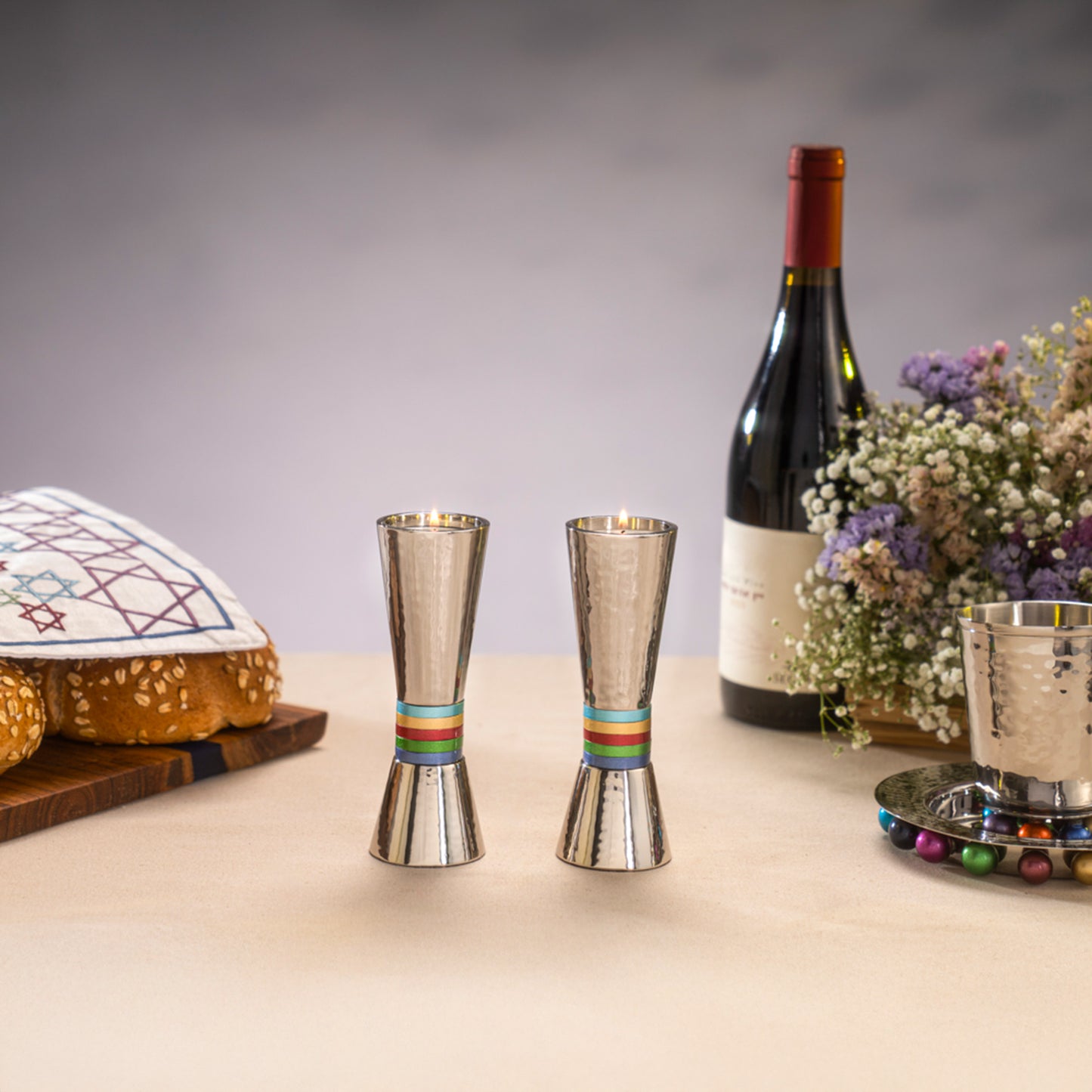 Hammered Nickel Tapered Candlesticks - Colorful Rings