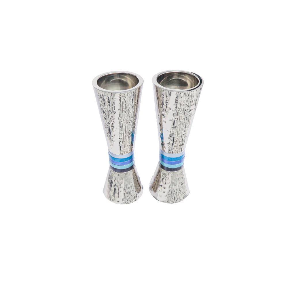 Hammered Nickel Tapered Candlesticks - Blue Rings