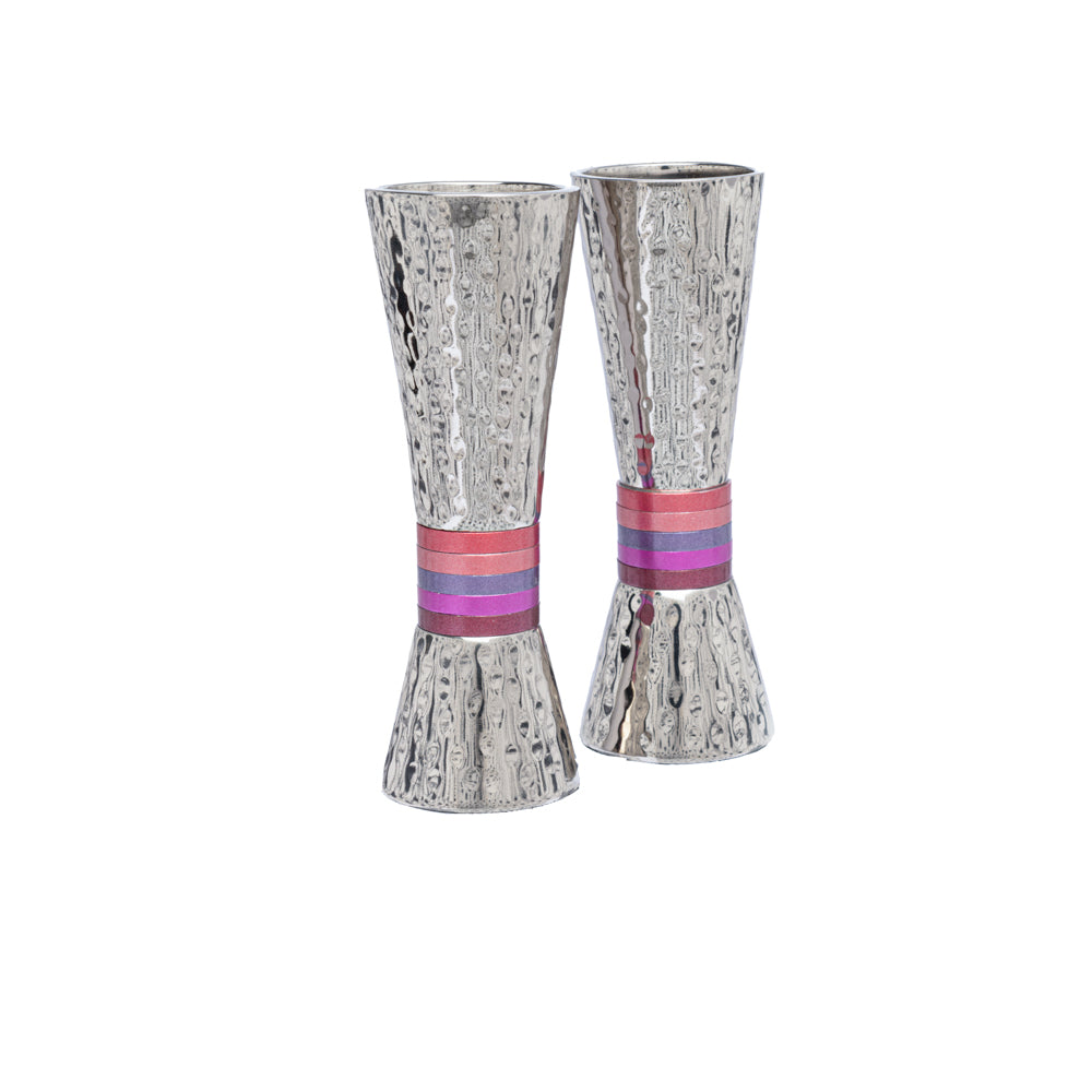 Hammered Nickel Tapered Candlesticks - Maroon Rings