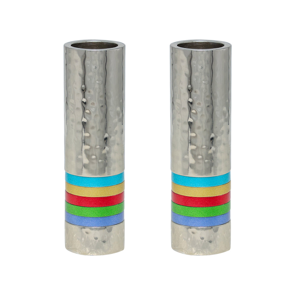 Hammered Nickel Cylinder Shabbat Candlesticks - Rainbow Accents