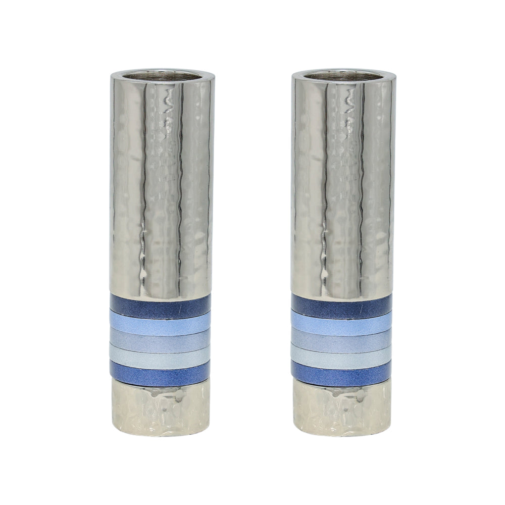 Hammered Nickel Cylinder Shabbat Candlesticks - Blue Rings