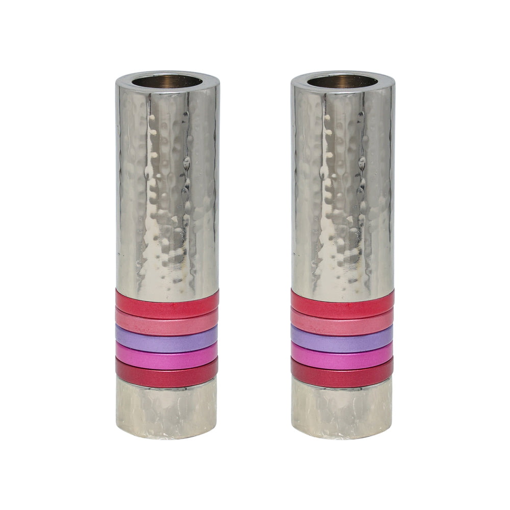 Hammered Nickel Cylinder Shabbat Candlesticks - Maroon Accents