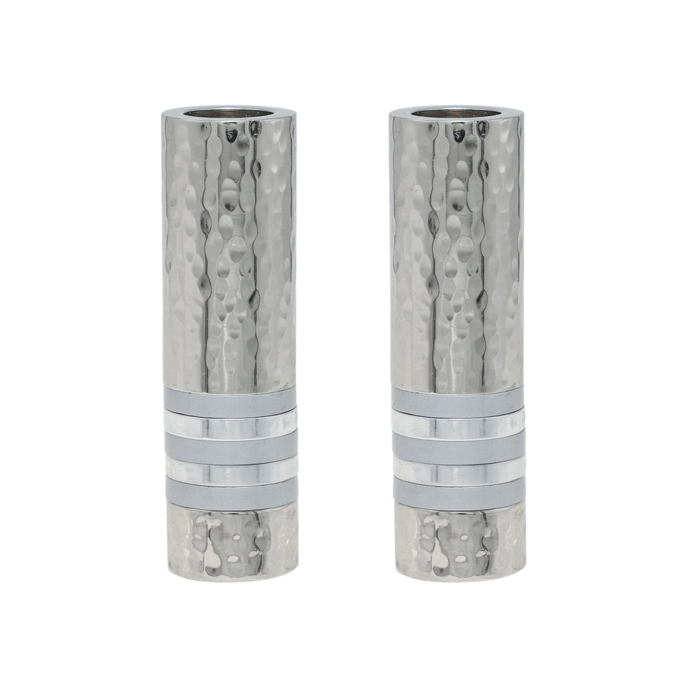 Hammered Nickel Cylinder Shabbat Candlesticks - Silver Rings