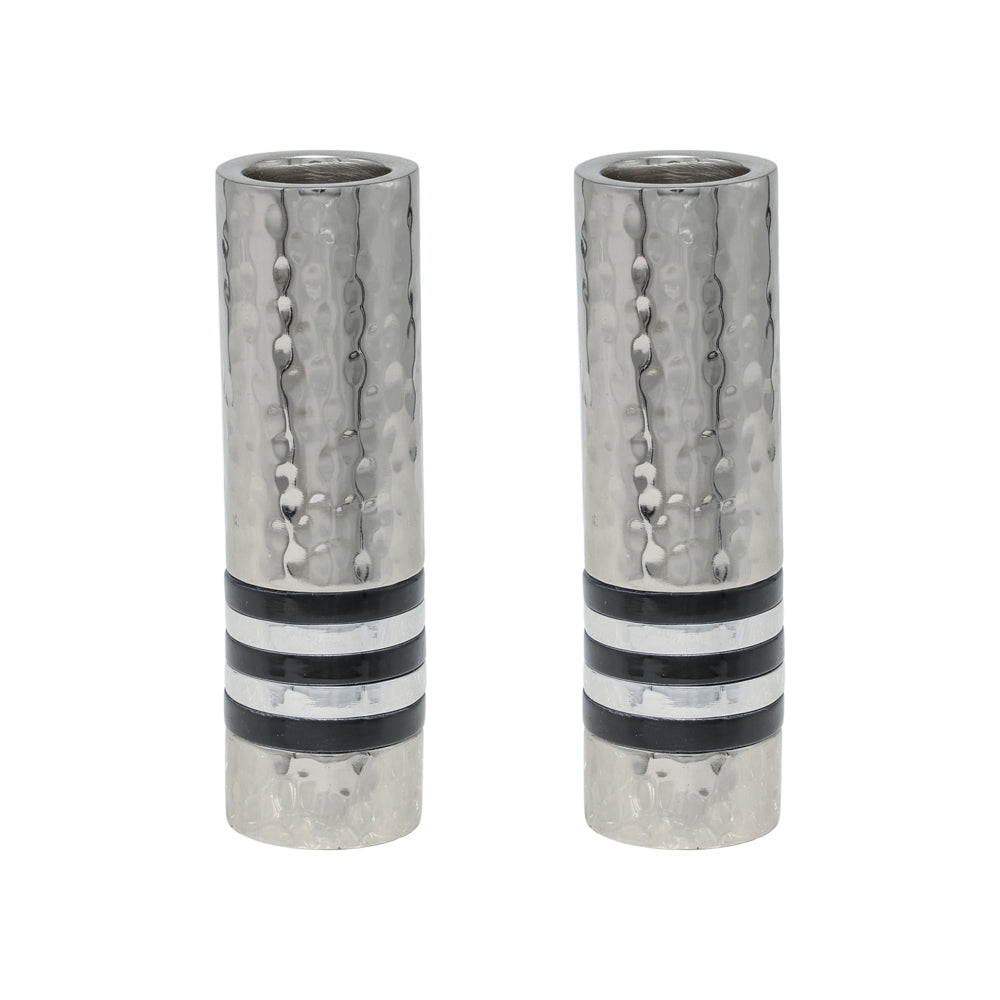 Hammered Nickel Cylinder Shabbat Candlesticks – Colorful Accents