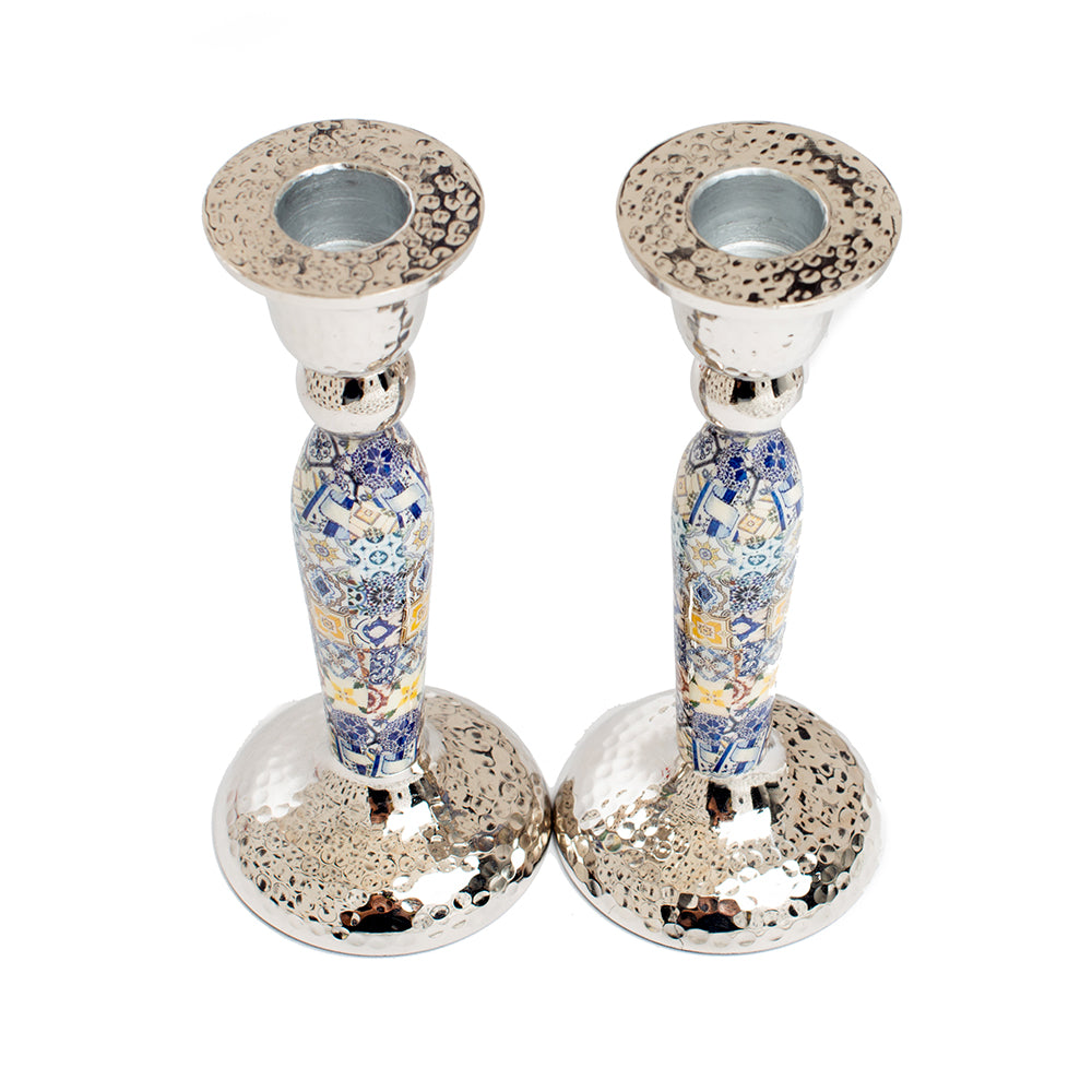 Tile Pattern Pillar Shabbat Candlesticks - 6.5"