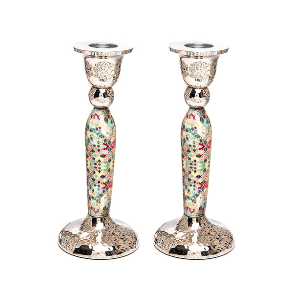 Modern Pillar Shabbat Candle Holders – Intricate Colorful Design 6.5-Inch