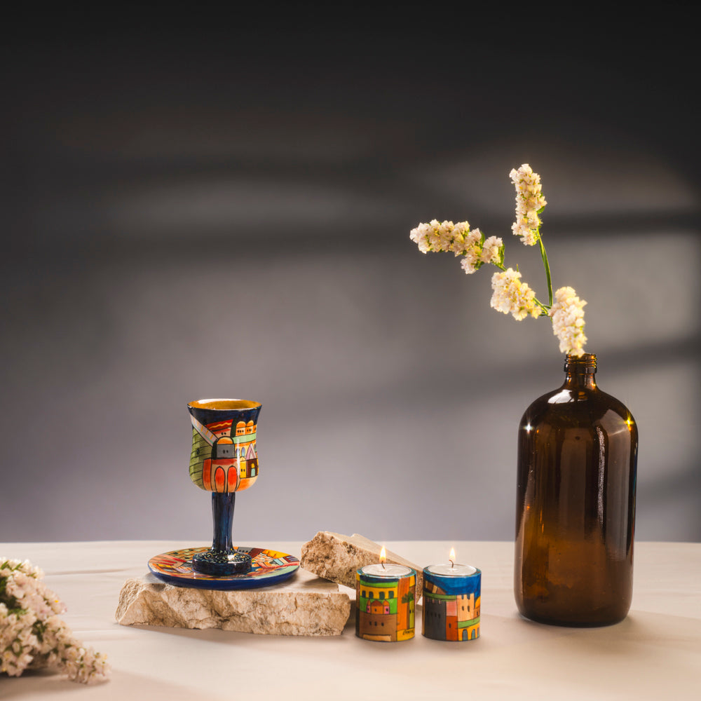 Hand-Painted Wooden Kiddush Cup Set – Jerusalem Vista