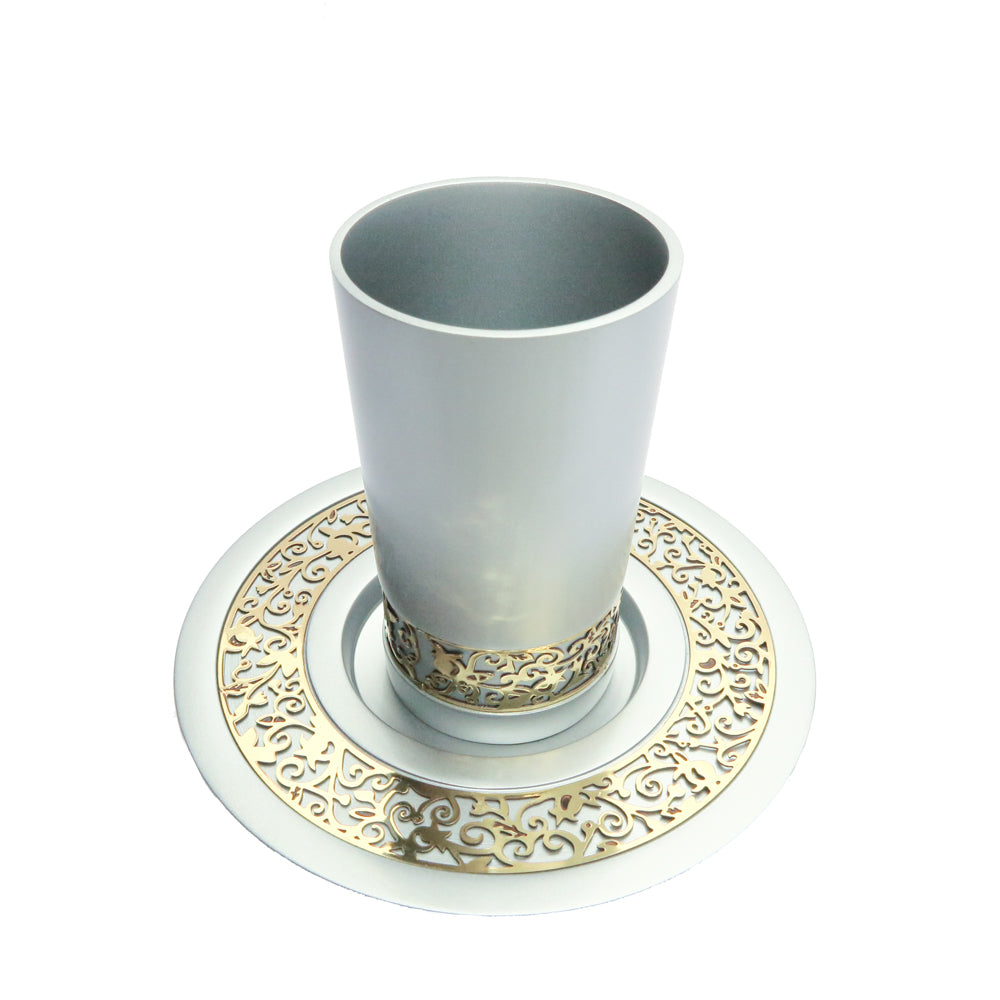 Anodized Aluminum Kiddush Cup and Plate Set - Pomegranate Trim - Pearl Gray