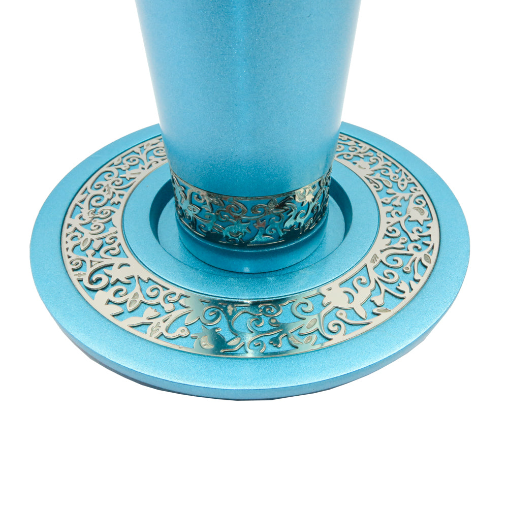 Anodized Aluminum Kiddush Cup and Plate Set - Pomegranate Trim - Turquoise