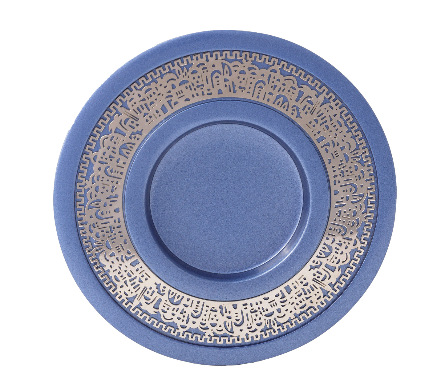 Anodized Aluminum Kiddush Cup and Plate Set - Jerusalem Trim - Blue