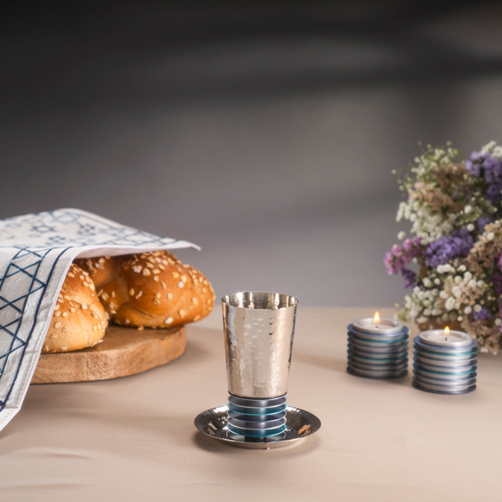 Hammered Kiddush Cup – Stacked Aluminum Rings - Shades of Blue