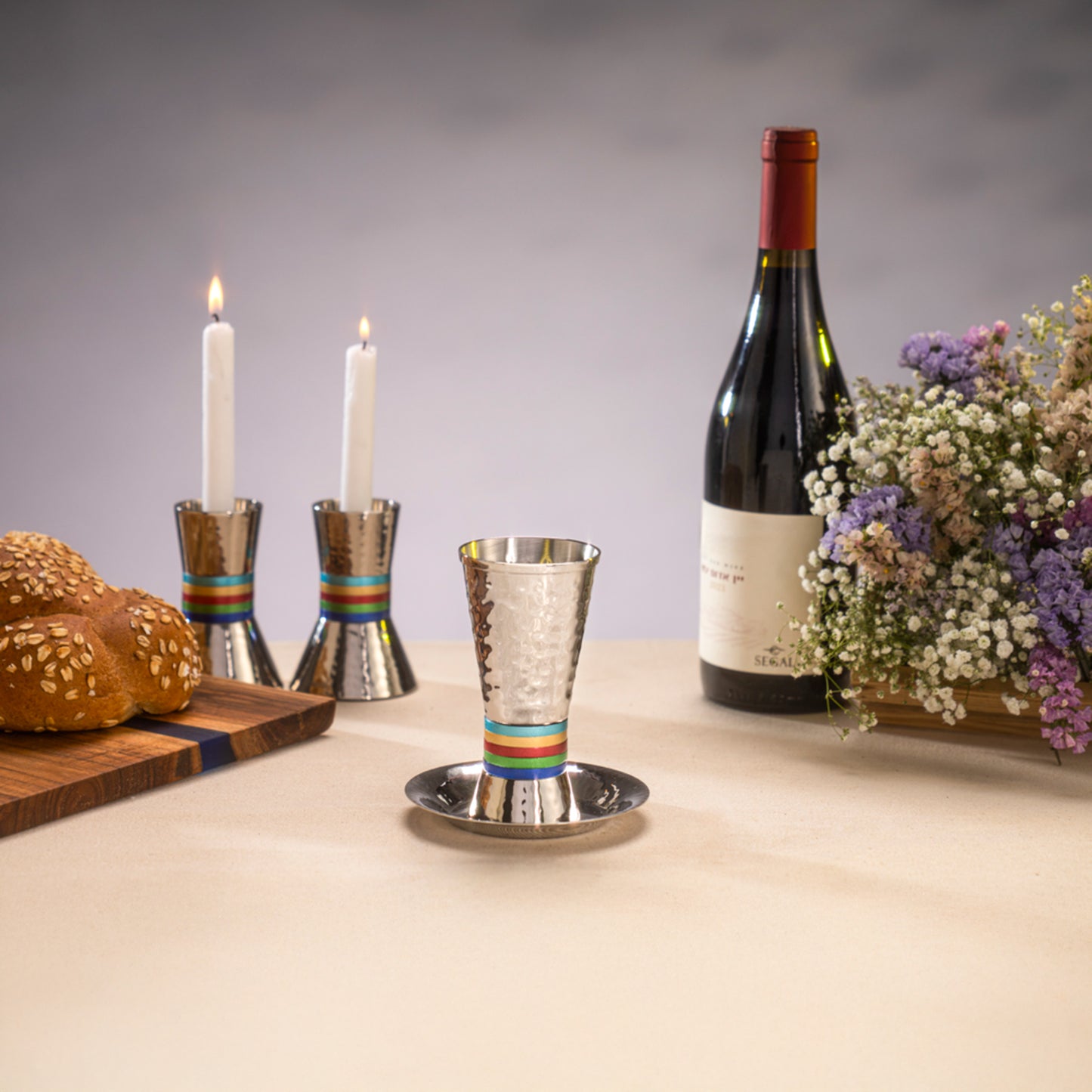 Hammered Stainless Steel Kiddush Cup With Anodized Rings - Multicolored
