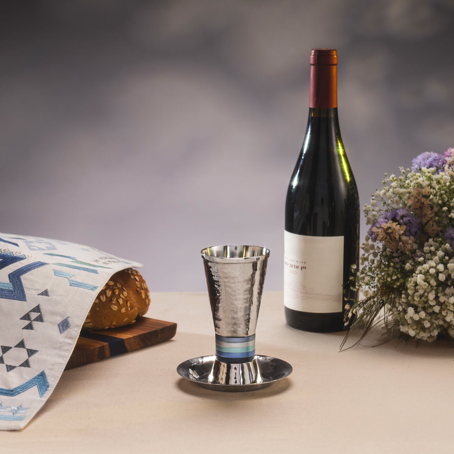 Hammered Stainless Steel Kiddush Cup With Anodized Rings - Shades of Blue